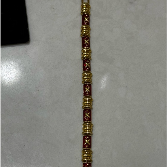 Vintage Joan Rivers Signed Red Enameled Gold Tone X Pattern Link Bracelet - Picture 3 of 9